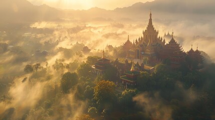  sea of mist and a temple or sacred place It shows beauty, peace, and faith. Presenting the harmony between nature and religious places.  - obrazy, fototapety, plakaty