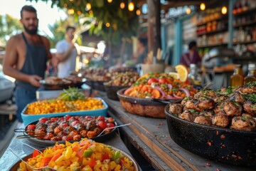 A variety of colorful dishes on display at a street food stall, with a chef serving food in the...