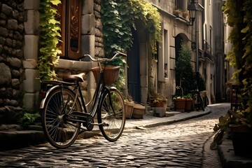 Fototapeta na wymiar Vintage Bicycle in Paris Alley: A charming scene of a weathered bicycle leaning against cobblestone walls in a picturesque Parisian alley.
