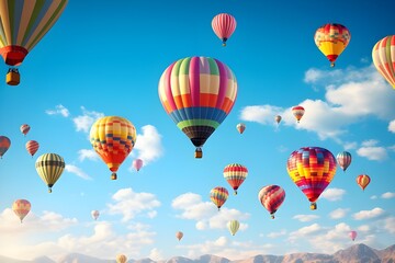 Whimsical Hot Air Balloons: A whimsical display of colorful hot air balloons floating against a clear blue sky, radiating joy and adventure.

