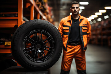 Obraz na płótnie Canvas A focused mechanic in a striking orange jumpsuit stands next to a black car tire in a warehouse, embodying professionalism and readiness.