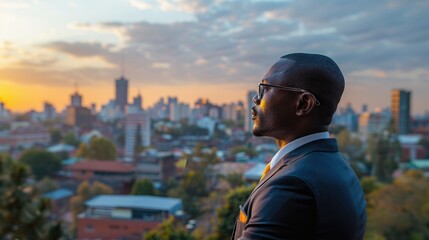 A mid-career professional contemplating a career change with city skyline in the background