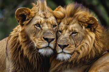 Majestic African lion couple. Pair of wildlife pride predator animals. Generate ai