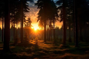 Fototapeta na wymiar Mystical Forest Sunset: A captivating photo capturing the sun setting behind a dense forest, casting an enchanting glow on the foliage.