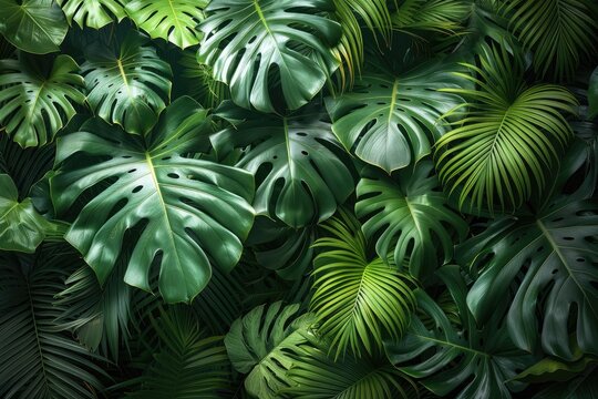A lush tropical background overflowing with vibrant green palms and diverse plants