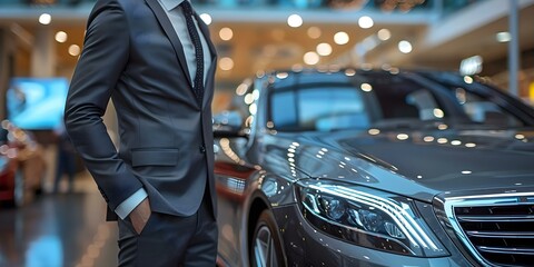 Professional salesman showcasing luxurious car to potential customer in showroom setting. Concept Luxury Cars, Salesmanship, Automotive Industry, Showroom Setting, Customer Interaction - obrazy, fototapety, plakaty
