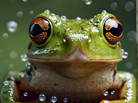 Closeup of a frog's face with bubbles surrounding it digital painting. Generative AI
