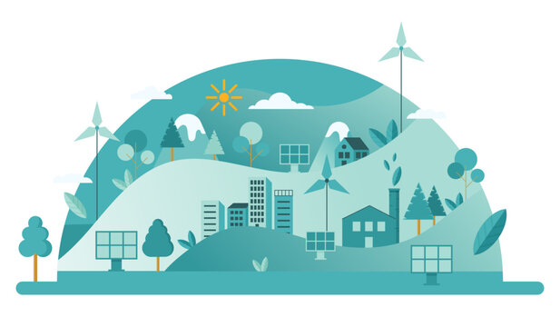 Illustration of a modern flat eco city - Editable vector of houses, mountains, landscape, wind turbines, solar panels, green factory, trees, leaves, sun and clouds