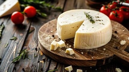 Round whole cheese on cutting board isolated background, top view 
