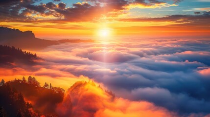 Sea of mist and sunrise show the beauty miracle and the grandeur of nature, presenting beautiful light, colors and atmosphere - obrazy, fototapety, plakaty