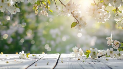  Spring background with white blossoms and white wooden table. 