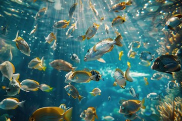 Fototapeta premium Strange behavior of marine fish, such as gathering together in groups Emphasis on presenting the wonders of nature. and the amazingness of the fish