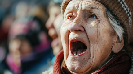  old lady at the stadium sports event competition cheering.  - obrazy, fototapety, plakaty