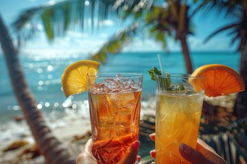 Close-up of two hands holding glasses, toasting with iced tea garnished with lime and mint against a blurred sea background. - obrazy, fototapety, plakaty