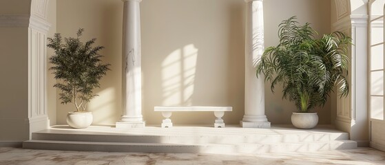 A White Marble Room With Columns And A Bench. Illustration On The Theme Of Architecture And Elements, History And Interiors. Generative AI	
