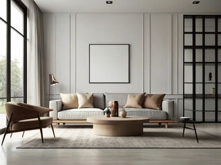 living room interior mockup, modern furniture and decorative arch with trendy dried flowers with white sofa and armchair on the White Background