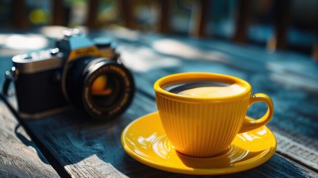 Fototapeta Yellow coffee cup and black coffee isolated telephoto lens photorealistic 