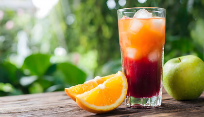 Mixed juice glass with fruits and ice cubes