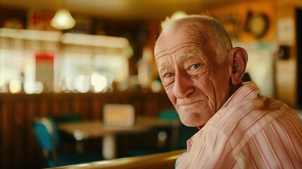 An older man with grey hair is seated at a table in a 1950s style road motel bar