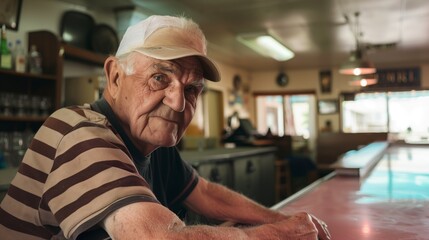 Fototapeta na wymiar An elderly man in a 50s style road motel bar