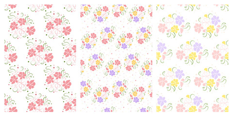 Set of seamless floral patterns in flat style. Vector linear pattern of yellow, pink, purple flowers, a scattering of circles. Selection of delicate backgrounds for the design of cards, invitations