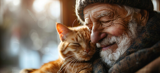 Happy smiling old man portrait cuddling his cat at home. Love and friendship of human and animal....