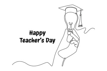 One continuous line drawing of front view of hand holding a lamp with a toga hat. World Teachers Day. Trendy single line draw design vector graphic illustration