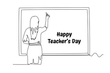 One continuous line drawing of rear view of female teacher writing on the blackboard. World Teachers Day. Trendy single line draw design vector graphic illustration