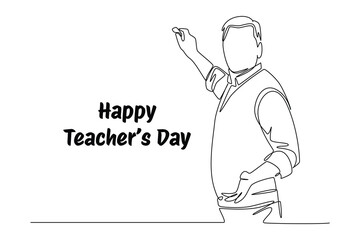 One continuous line drawing of the male teacher is writing while explaining. World Teachers Day. Trendy single line draw design vector graphic illustration