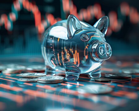 Transparent piggy bank over a digital interface showing financial market data, illustrating modern investment and saving concepts.