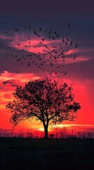 Backdrop of a tree silhouette against a sunset setting a dramatic scene