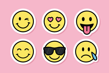 smiling faces, emoji set, cartoon vector sticker set