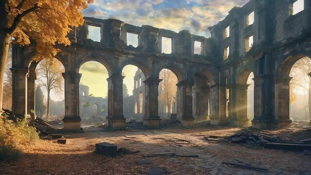 Morning Magic: Ruins of Ancient Buildings in Autumn Forest 4K Loop