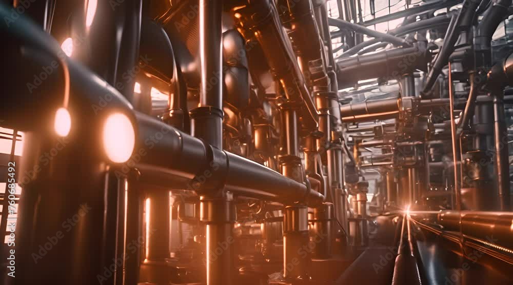 Poster extensive industrial pipe system in factory generative ai