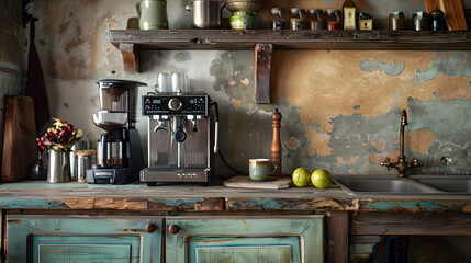 Espresso coffee maker in a rustic Italian kitchen. - obrazy, fototapety, plakaty