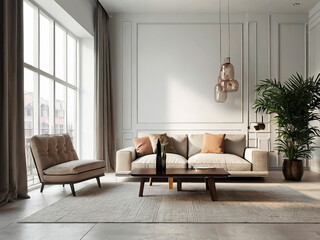 living room interior mockup, modern furniture and decorative arch with trendy dried flowers with white sofa and armchair on the White Background