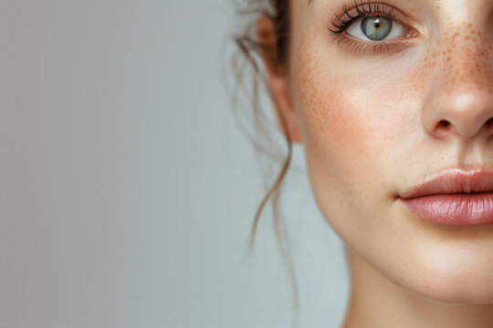 Captivating Close-Up Portrait of a Young Woman Showcasing the Natural Beauty of Freckles and Blue Eyes