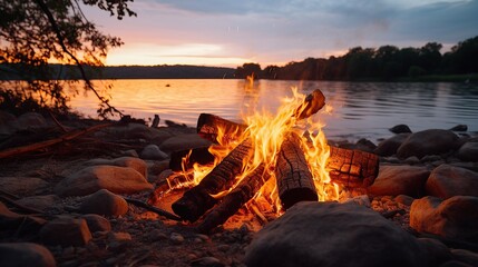 A bright burning bonfire on the shore. - obrazy, fototapety, plakaty