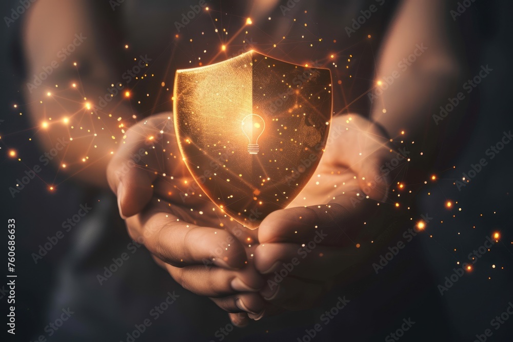 Aufkleber person hold virtual global cyber security shild icon secure internet access