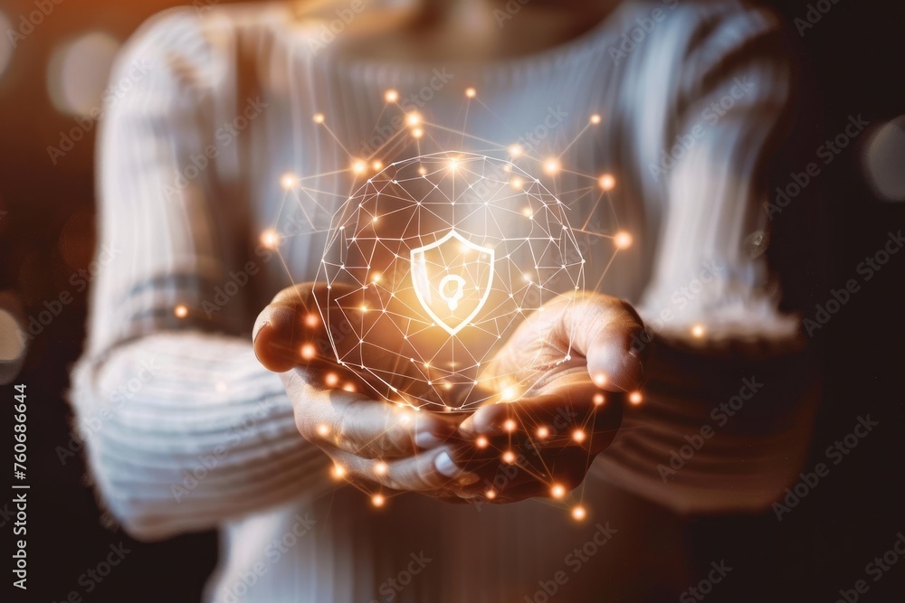 Poster person hold virtual global cyber security shild icon secure internet access