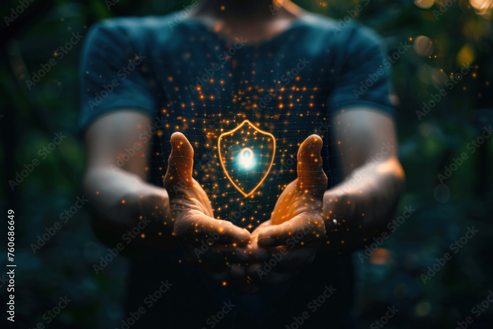 Poster person hold virtual global cyber security shild icon secure internet access