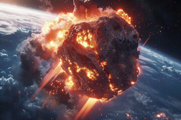massive asteroid engulfed in burning and flames as it nears Earths atmosphere