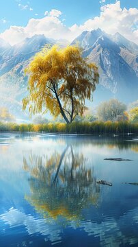Calm lake reflecting the painted willow tree a serene landscape