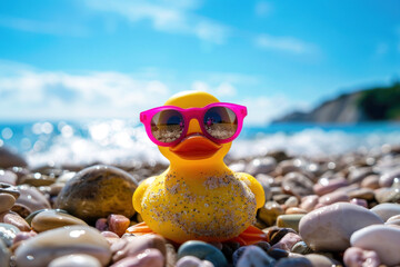 Rubber duck with pink sunglasses at the beach - obrazy, fototapety, plakaty