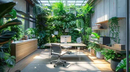 A personal workspace surrounded by interactive plant life that responds to stress levels, creating a calming environment