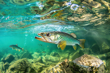 under water Predatory fish pike in habitat. Sport fishing