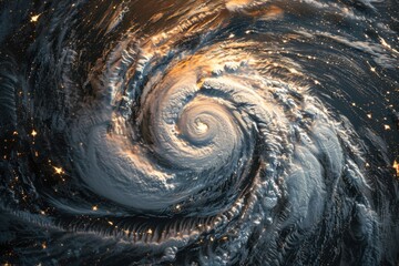 view from satellite. Hurricane from space, super typhoon. Atmospheric cyclone spiral - obrazy, fototapety, plakaty
