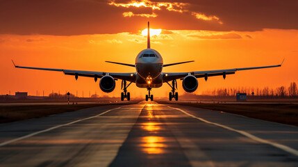 A large jetliner taking off from an airport runway at sunset or dawn with the landing gear down and the landing gear down, as the plane is about to take off. 