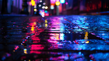 City lights reflecting off of wet pavement at night. The colors are vibrant and the lights are blurred, creating a beautiful and abstract image.