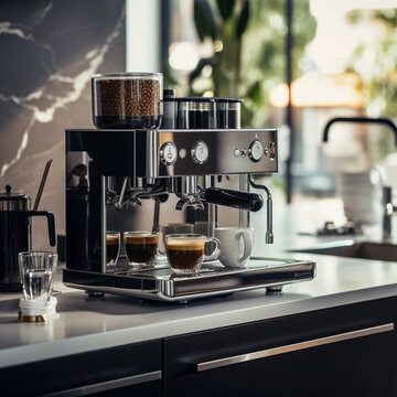 A high-end espresso machine brewing a perfect cup of coffee in a modern kitchen 